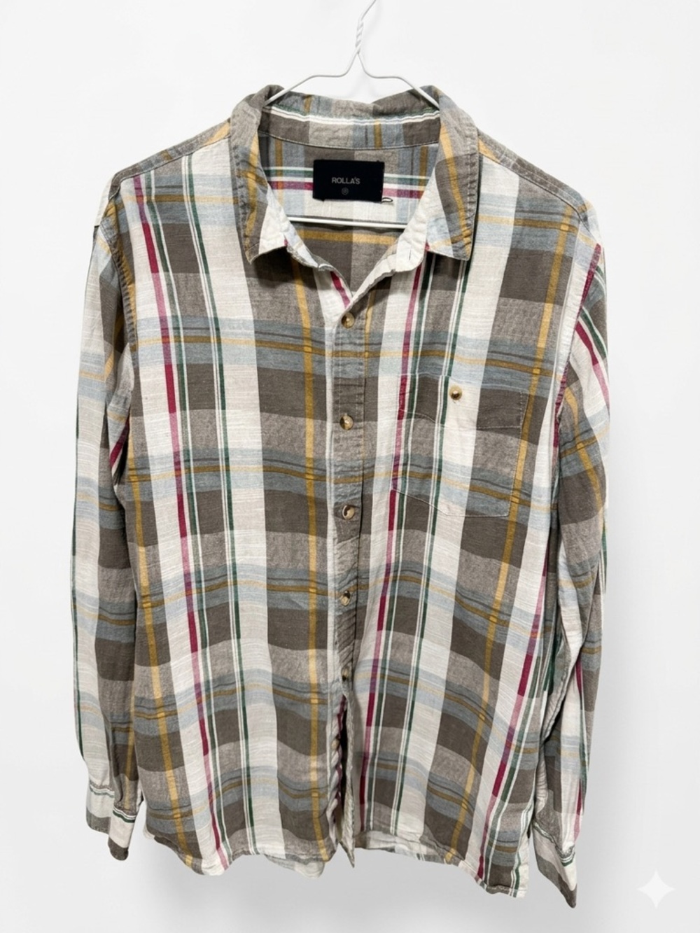 ROLLA'S Men’s Plaid Button-Down Shirt in Gray, White, Yellow & Red Accents SizeM